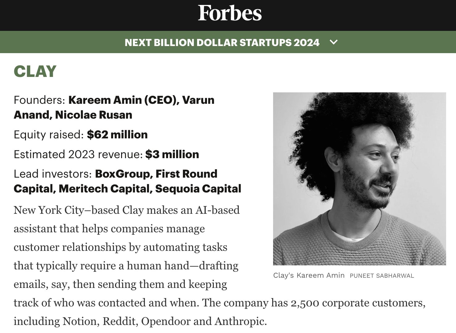 Clay Recognized in Forbes Next Billion Dollar Startups 2024 List!
